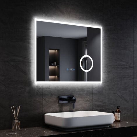 SIRHONA SONNI Espejo de Baño con Luz Función Antiniebla con LED 3 Colores luz y 3X Lupa Memoria Interruptor Táctil Espejo Pantalla de Reloj IP44 Ahorro de Energía 80x60cm