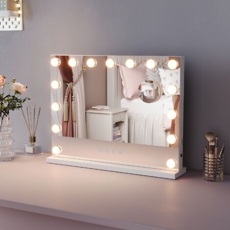 SONNI Espejo Hollywood con Iluminación Función USB  y lupa con Bluetooth 15 Luces Regulables 3 Modos de Luz Espejo de Maquillaje con Iluminación 58×45 cm