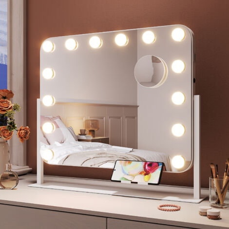 SONNI Espejo Hollywood con Iluminación Función USB  y lupa con Soporte para Móvil 14 Luces Regulables 3 Modos de Luz Espejo de Maquillaje con Luz 50×47cm