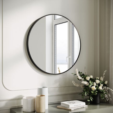 SONNI Espejo Redondo Simple Para Baño Diseño de Marco de Aluminio Negro de Alta Calidad Espejo Redondo Brillante 50x50cm