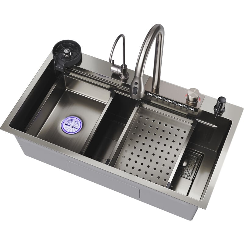 Sirhona - vier de Cuisine 1 Bac Acier Évier en acier inoxydable,Sortie d'eau de type cascade, robinet multifonctionnel 80x45x23 cm