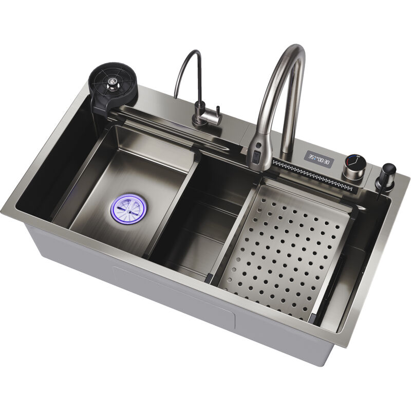 Sirhona - vier de Cuisine 1 Bac Acier Évier en acier inoxydable,Sortie d'eau de type cascade, robinet multifonctionnel 75x45x23 cm avec affichage de