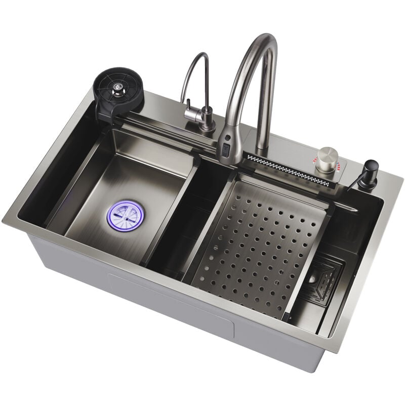 SIRHONA Évier de Cuisine 1 Bac Acier Évier en acier inoxydable,Sortie d'eau de type cascade, robinet multifonctionnel 75x45x23 cm
