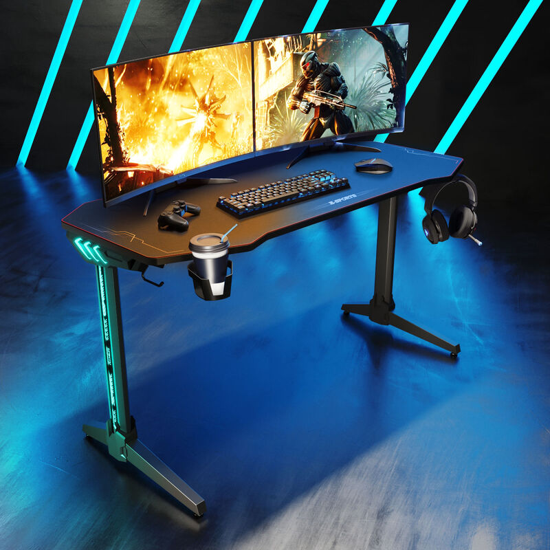 Gaming Tisch Computertisch Schwarz 140cm für Gamer ergonomisch,RGB mit Mauspad Schwarz Großer Oberfläche,2 Haken,Getraenkehalter und Kopfhoererhalter