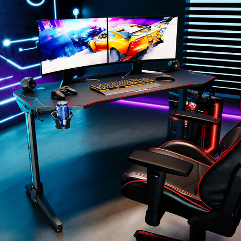 SONNI Gaming Tisch LED 140x60x75cm Gamer Computertisch mit RGB Beleuchtung,Mauspad,2 Haken,Getraenkehalter und Kopfhoererhalter,Carbon Optik Schwarz 140cm desk