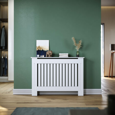 SONNI Heizkörperverkleidungen Heizkörper Abdeckung Weiß Heizkörperverkleidung Holz Vertikale Gitter 112x19x81.5cm