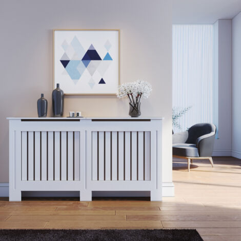 SONNI Heizkörperverkleidungen Weiß Vertikal Lamell Lackiert Schrank Heizkörper Abdeckung 152x19x81cm Groß