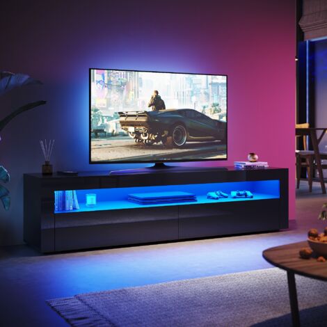 SONNI Hochglanz TV Schrank mit LED-Lichtern, 2 Grifflose Tür, Stand Modern TV Board Geeignet für Wohnzimmer und Schlafzimmer, Schwarz, 1800 x 400 x 450 mm