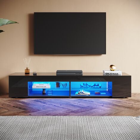 SONNI Hochglanz TV Schrank mit Verstellbaren LED-Lichtern, Offenes Glasregal, Ideal für Wohnzimmer und Schlafzimmer, Schwarz, 1600 x 390 x 300 mm