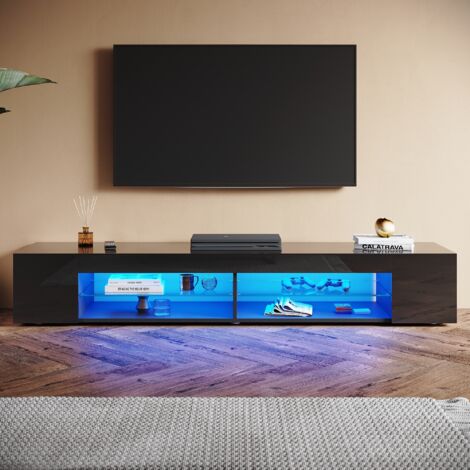 SONNI Hochglanz TV Schrank mit Verstellbaren LED-Lichtern, Offenes Glasregal, Ideal für Wohnzimmer und Schlafzimmer, Schwarz, 1800 x 390 x 300 mm