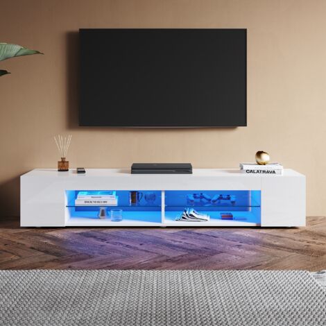 SONNI Hochglanz TV Schrank mit Verstellbaren LED-Lichtern, Offenes Glasregal, Ideal für Wohnzimmer und Schlafzimmer, Weiß, 1600 x 390 x 300 mm