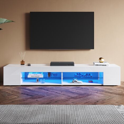 SONNI Hochglanz TV Schrank mit Verstellbaren LED-Lichtern, Offenes Glasregal, Ideal für Wohnzimmer und Schlafzimmer, Weiß, 1800 x 390 x 300 mm
