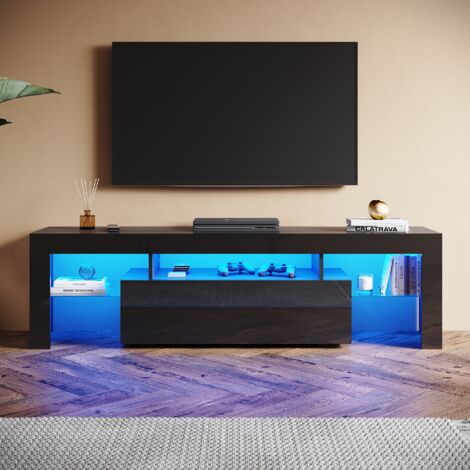 SONNI Hochglanz TV Schrank mit Verstellbaren LED-Lichtern, Offenes Glasregal und Klapptür, Ideal für Wohnzimmer und Schlafzimmer, Schwarz, 1600 x 350 x 450 mm
