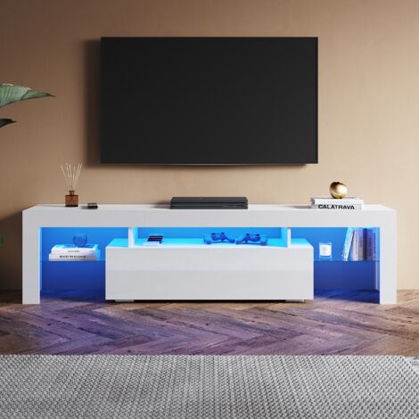SONNI Hochglanz TV Schrank mit Verstellbaren LED-Lichtern, Offenes Glasregal und Klapptür, Ideal für Wohnzimmer und Schlafzimmer, Weiß, 1800 x 350 x 450 mm