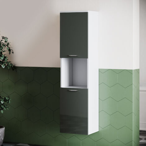 SONNI Hochschrank bad Grau Hochglanz 130cm wandhängend Badezimmerschrank schmal holz