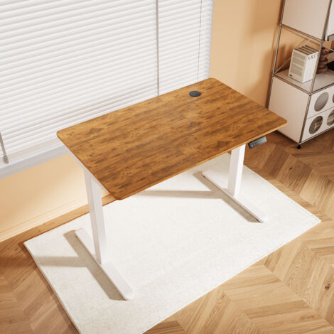 SONNI Höhenverstellbarer Schreibtisch, Stehpult, Bürstenloser Motor mit Smart Memory Funktion, White Desk + 100cm Rustic Brown Table