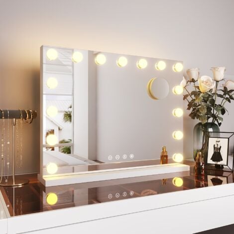 SONNI Hollywood Schminkspiegel mit Beleuchtung, 15 LED Licht Dimmbar Kosmetikspiegel 3 Einstellbar Lichtfarben, mit Bluetooth und 10-fache Lupe, 58×45 cm