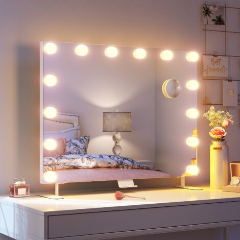 SONNI Hollywood Spiegel mit Beleuchtung, 14 Dimmer Leuchten 3 Lichtmodus Schminkspiegel mit Beleuchtung, Handyhalterung, USB-Funktion und Lupe 80×60 cm