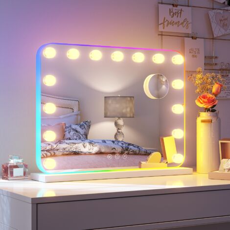 SONNI Beleuchtung, 15 Dimmer Leuchten 3 Lichtmodus Schminkspiegel mit Beleuchtung, RGB-Lichter und Lupen 58×45cm