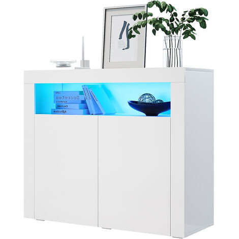 SONNI Kommode Weiß Sideboard Wohnzimmerschrank mit LED Beleuchtung Hochglanz B108xH92xT40cm