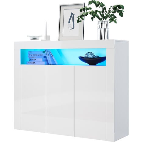 SONNI Kommode Weiß Sideboard Wohnzimmerschrank mit LED Beleuchtung Hochglanz B116xH93xT35cm