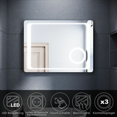 SONNI LED Badspiegel 60x80cm Touch Lichtspiegel mit Kosmetikspiegel und Steckdose