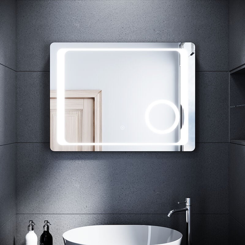 Miroir de salle de bain led Miroir lumineux 80 x 60 cm Miroir de salle de bain avec éclairage Interrupteur tactile Miroir cométique led avec prise