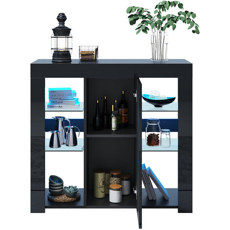 SONNI LED Sideboards Aufbewahrungsschrank mit 1 Tür, offenes Fach, verstellbare gehärtetes Glas Küchenschrank, 90x35x83cm, Schwarz