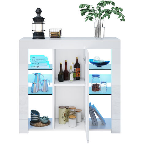 SONNI LED Sideboards Aufbewahrungsschrank mit 1 Tür, offenes Fach, verstellbare gehärtetes Glas Küchenschrank, 90x35x83cm, Weiß