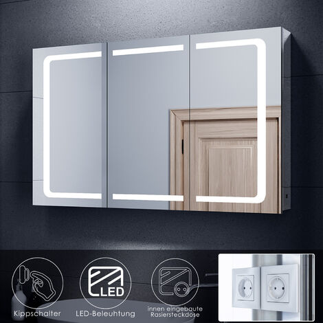 SONNI LED Spiegelschrank Bad Spiegel Badezimmer Badezimmerspiegel Badschrank mit Beleuchtung Steckdose 3türig 105x65x13 cm