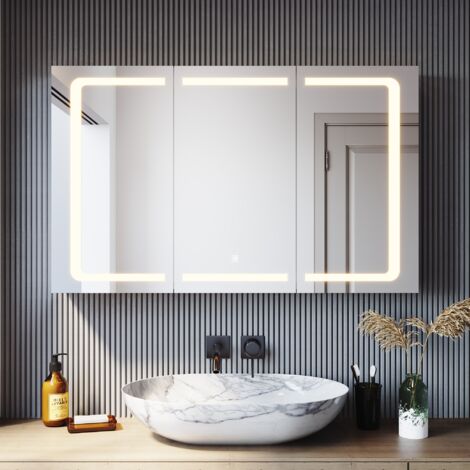 SONNI LED Spiegelschrank Badezimmerspiegel mit Beleuchtung 3-türig Badschrank mit Steckdose 105x65cm (3 Einstellbare Lichtfarben und Drahtloses Scharnier)