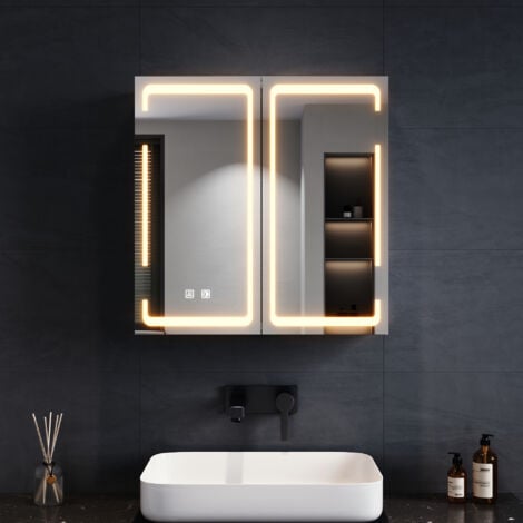SONNI LED-Spiegelschrank mit Beleuchtung, 3 Lichtfarben Dimmbar, Bad-Hängeschränke mit Kabellosem Scharnierdesign und Steckdose, Doppeltüriges Spiegelkabinett 59 x 60 x 14 cm