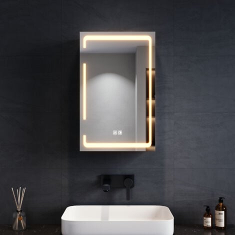 SONNI LED-Spiegelschrank mit Beleuchtung, 3 Lichtfarben Dimmbar, Bad-Hängeschränke mit Kabellosem Scharnierdesign und Steckdose, Eintüriger Spiegelschrank 38 x 60 x 14 cm