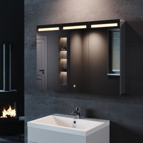 SONNI LED Spiegelschrank mit Beleuchtung 3 Lichtfarben Dimmbar, Badspiegel Touch Steckdose Edelstahl 90x65cm Kabelloses Scharnier Design, Dreitüriger Spiegelschrank