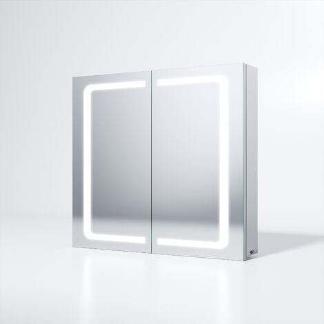 SONNI LED Spiegelschrank mit Beleuchtung Badspiegel Kippschalter Steckdose Edelstahl 70x65cm Kabelloses Scharnier Design