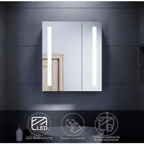 SONNI LED Spiegelschrank mit Beleuchtung Badspiegel Touch Steckdose Edelstahl 60x70cm Kabelloses Scharnier Design