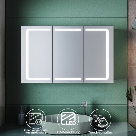 SONNI LED Spiegelschrank mit beleuchtung und steckdose Badspiegel LED Touch Edelstah Drahtloses Scharnier & Softclose Scharnieren IP44 105x65x13cm