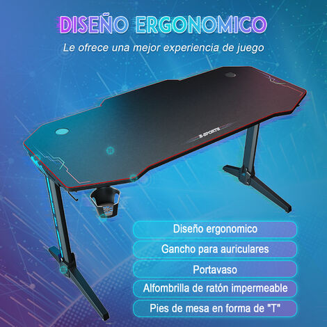 SONNI Mesa Gaming Grande LED 140X60X75cm,Escritorio para Juegos Ordenador PC, con Portavasos Ganchos de Auriculares,Negro