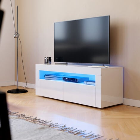 SONNI Meuble TV Blanc Board Weiß mit LED Beleuchtung TV Schrank Hochglanz Lowboard 120 x 40 x 45 cm mit 2 Klapptüren
