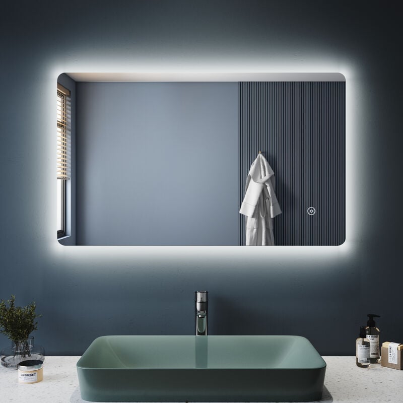Sirhona Miroir de salle de bain éclairé par led, miroir mural de salle de bain moderne, blanc froid, étanche IP44, économie d'énergie, 100x60cm