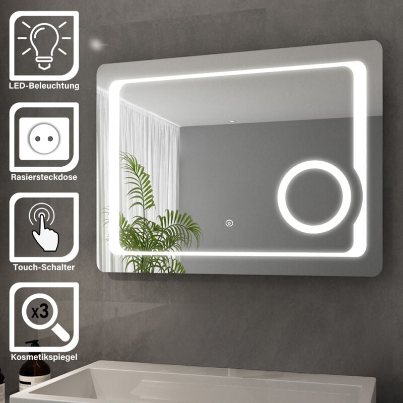 Sirhona - miroir de salle de bain led miroir lumineux 80 x 60 cm miroir de salle de bain avec éclairage interrupteur tactile miroir cométique led