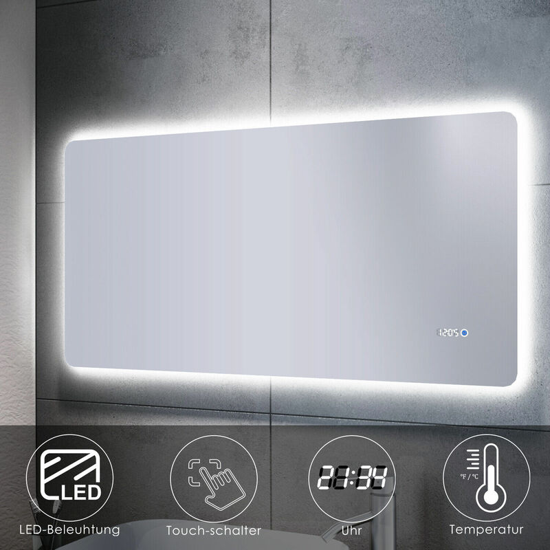 SONNI miroir de salle de bain LED Touch 120x60 avec éclairage horloge température miroir mural