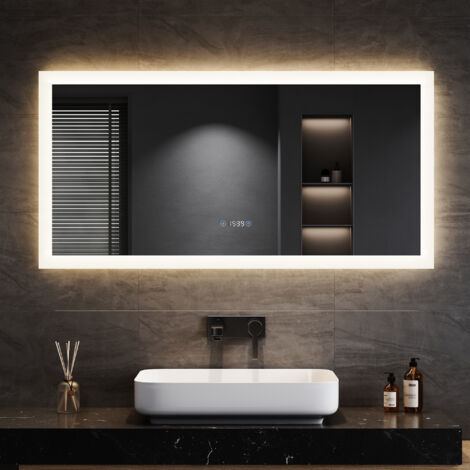 SONNI Miroir de Salle de Bain LED Touch Avec éclairage Horloge Miroir Mural Antibuée 120x60cm salle de bain