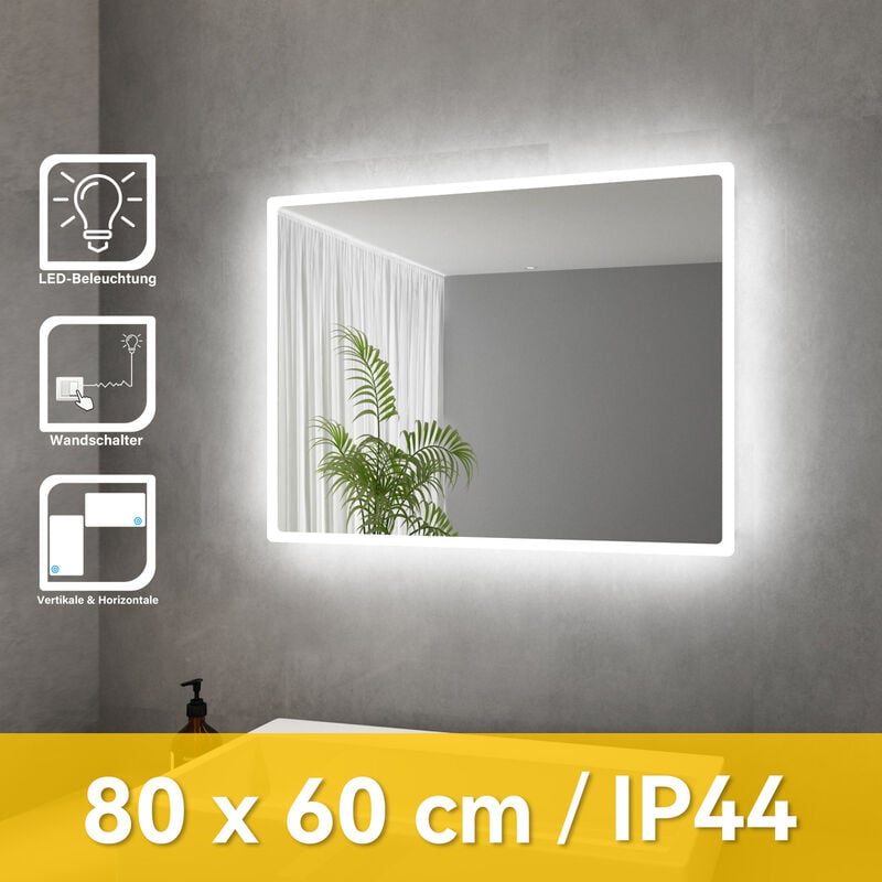 Miroir de salle de bain Miroir lumineux cuivre/sans plomb Miroir mural 80 x 60cm blanc froid IP44 économe en énergie - Sonni