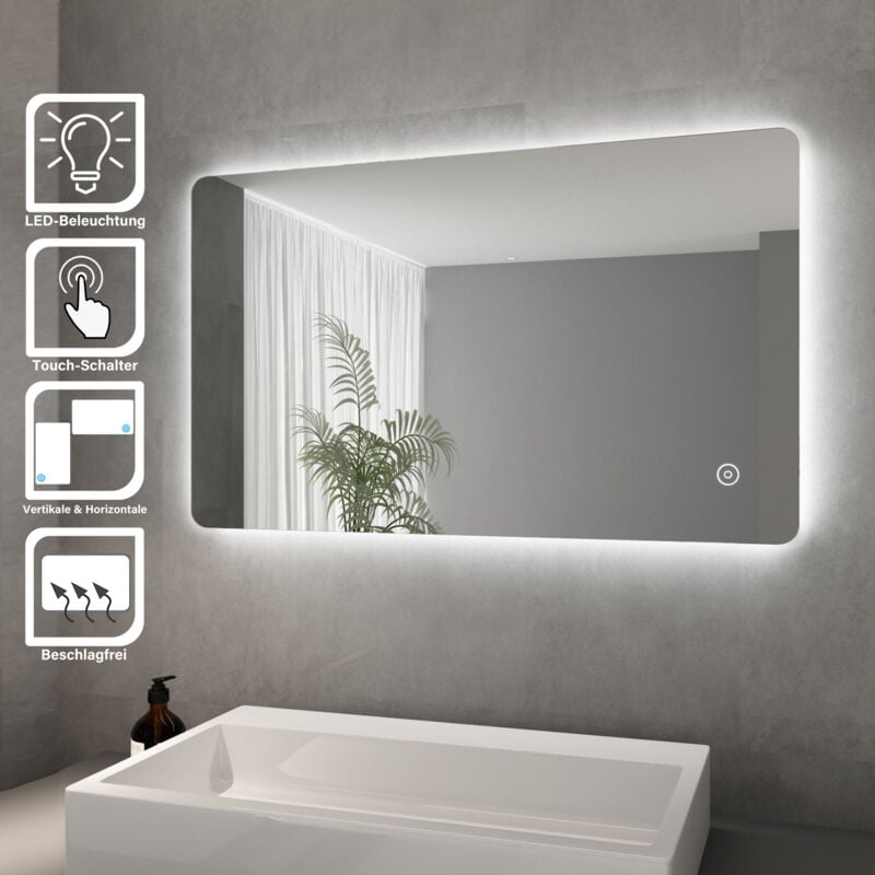 Miroir de salle de bain led rectangulaire 100x60cm Lumière blanche froide Interrupteur tactile Anti-buée