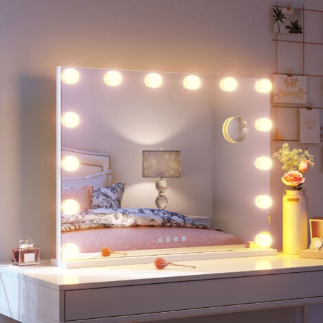SONNI Miroir Hollywood avec éclairage avec Bluetooth, 14 lumières à intensité variable, miroir de maquillage à 3 modes d'éclairage avec éclairage, fonction USB et loupe 80×62 cm