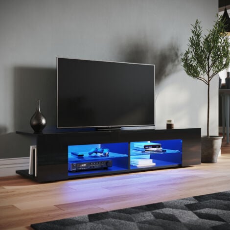 SONNI Mobile Porta TV con Luci LED Nero con Ripiano in Vetro Aperto Mobile TV Moderno 135x39x30cm