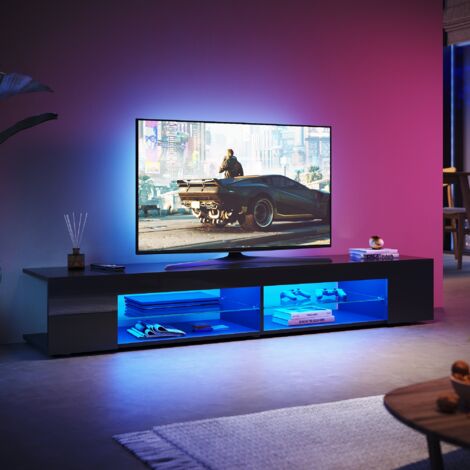 SONNI Modern TV Schrank mit LED-Lichtern, Offenes Glasregal, Hochglanz TV Board Geeignet für Wohnzimmer und Schlafzimmer, Schwarz, 1800 x 390 x 300 mm