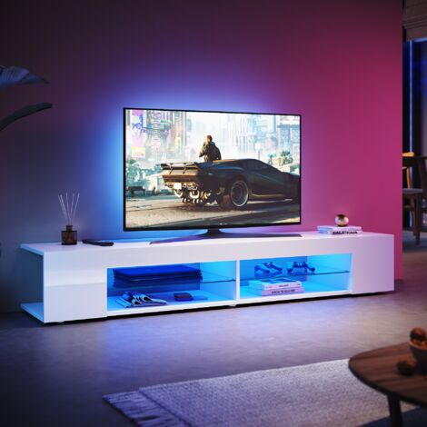 SONNI Modern TV Schrank mit LED-Lichtern, Offenes Glasregal, Hochglanz TV Board Geeignet für Wohnzimmer und Schlafzimmer, Weiß, 1800 x 390 x 300 mm