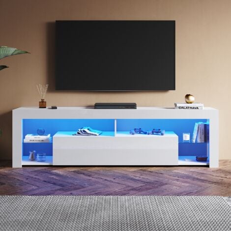 SONNI Modern TV Schrank mit LED-Lichtern, Offenes Glasregal und Herunterklappbarem Türfach, Geeignet für Wohnzimmer und Schlafzimmer, Weiß, 1800 x 350 x 505 mm